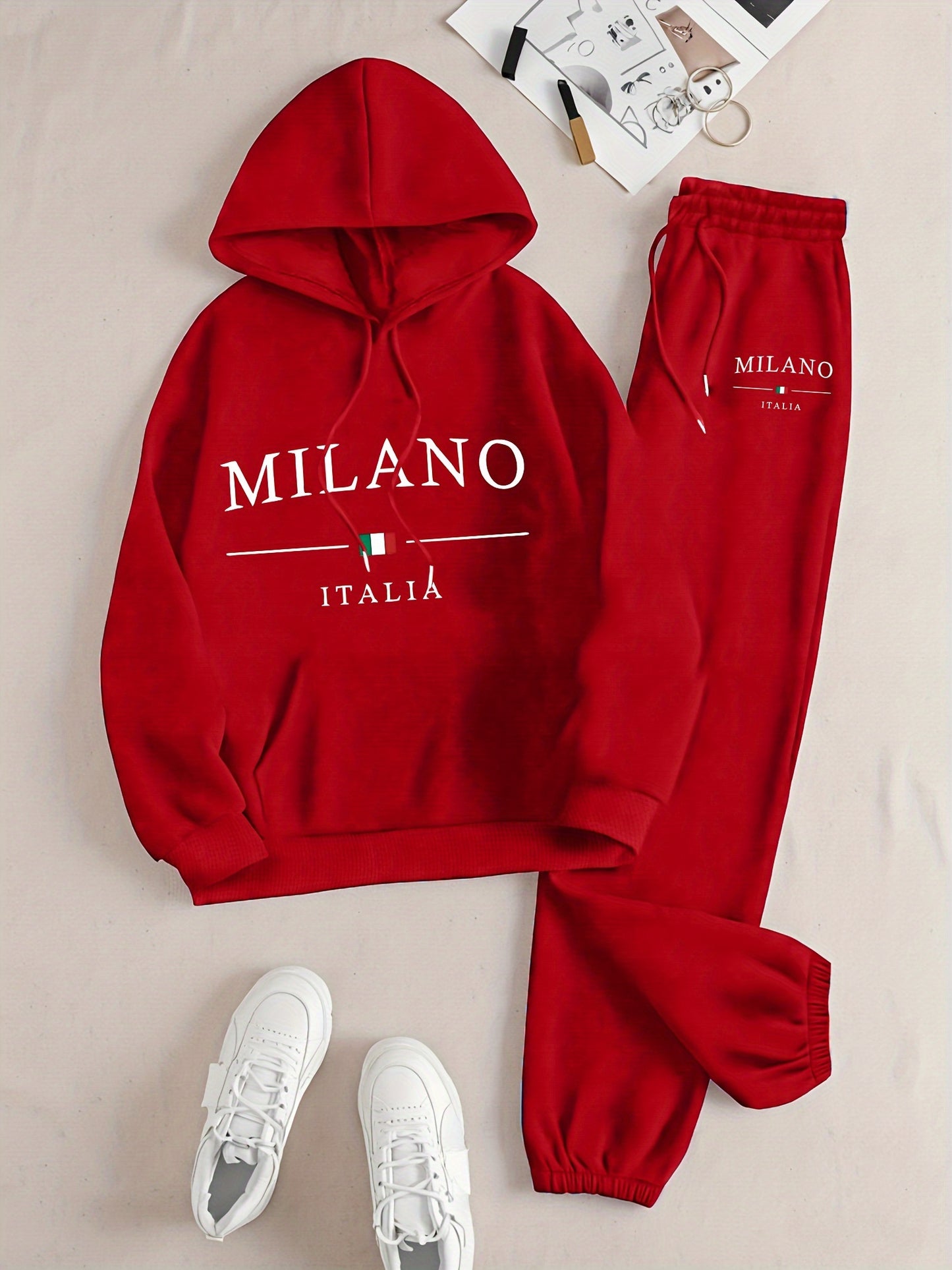 1 juego de sudadera y pantalón deportivo informal para mujer con temática de Milán, Italia, jersey de manga larga con capucha, estampado de dibujos animados, tejido de punto de poliéster, bolsillos, para otoño/invierno