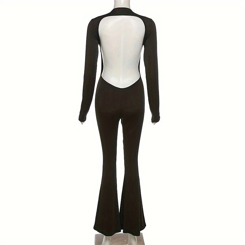 Black Simple Casual High Elastic Tight Sexy Backless Long-Sleeved Straight-Leg Wide-Leg Jumpsuit