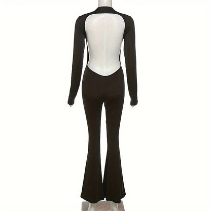 Black Simple Casual High Elastic Tight Sexy Backless Long-Sleeved Straight-Leg Wide-Leg Jumpsuit