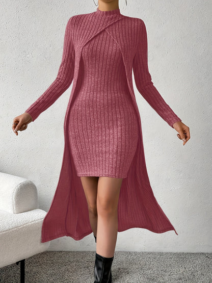 Elegant Striped Cape & Bodycon Dress Set - Long Sleeve, Mock Neck Top with High-Waist Tank Skirt, Stretchy Polyester Blend, Machine Washable