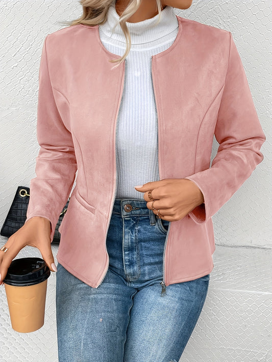 Chaqueta bomber elegante de talla grande para mujer: tejido de poliéster suave y ligeramente elástico, cuello redondo, cierre de cremallera, manga larga, color sólido, sin estampado, perfecta para todas las estaciones