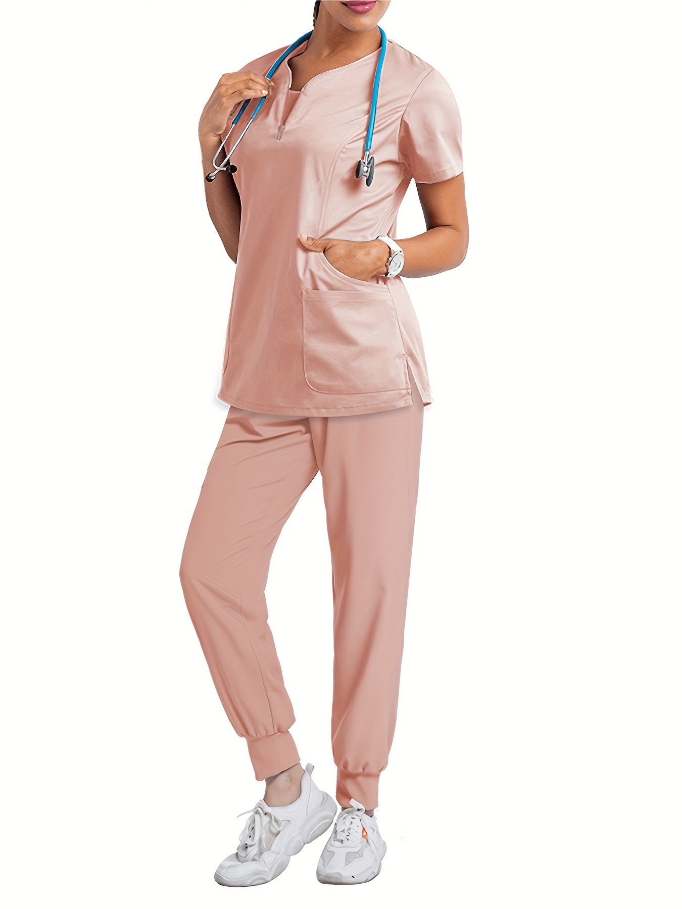 Two-Piece Comfortable Nurse Uniform Set - Soft, Slight Stretch, Crew Neck, Two Front Pockets, Drawstring Waist, Machine Washable, Easy Care