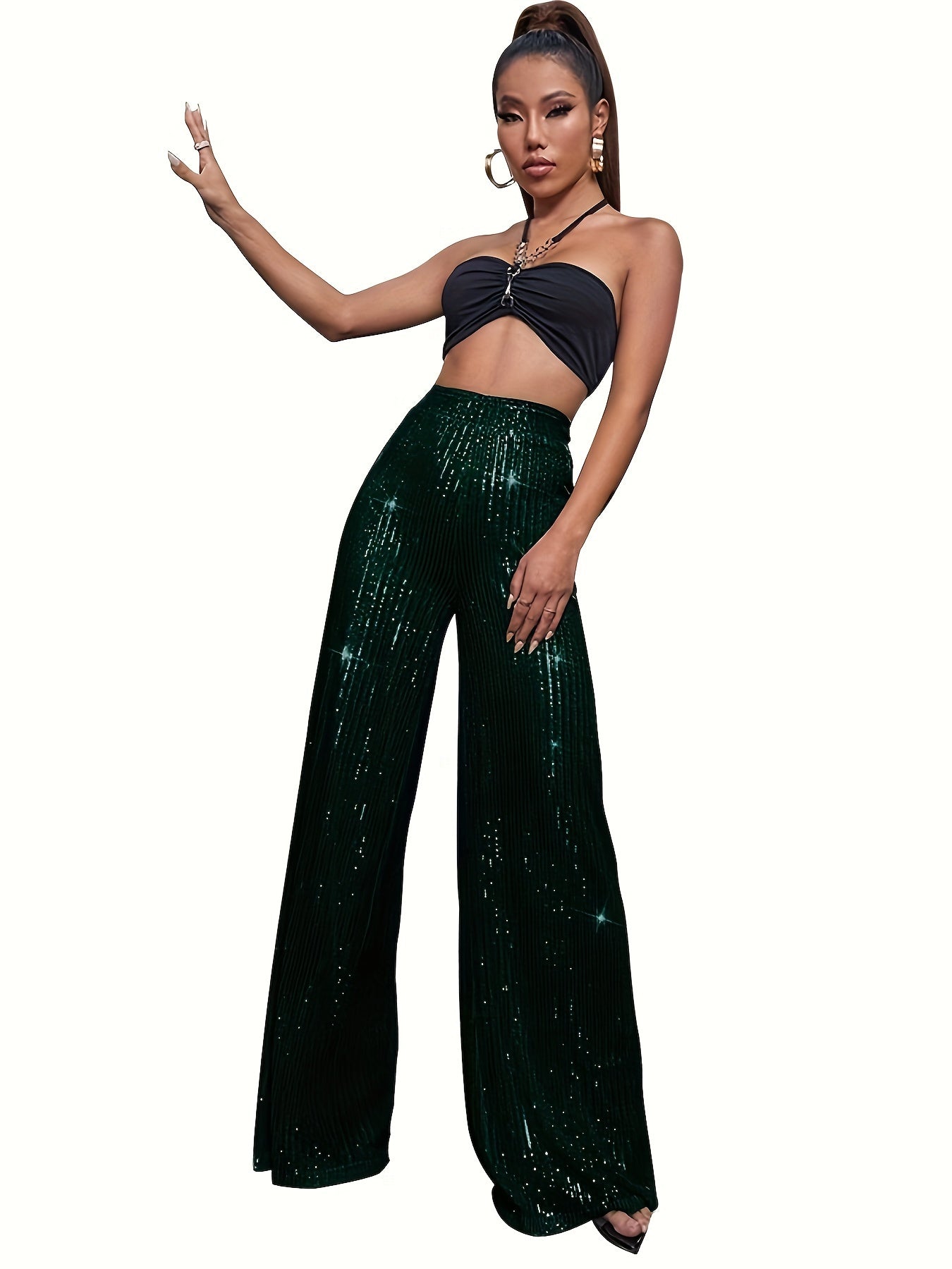 Sequin Decor Wide Leg Pants, Elegant High Waist Loose Pants For Party & Club, Women's Clothing