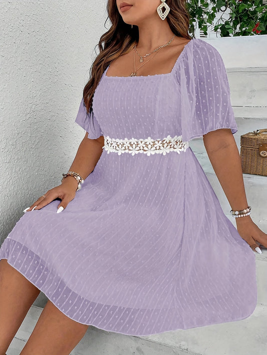 Plus Size Elegant Swiss Dot Cutout Lace Stitching Dress - Charming Short Sleeve Fashion for Spring & Summer - Women's Comfortable Clothing for Warm Weather