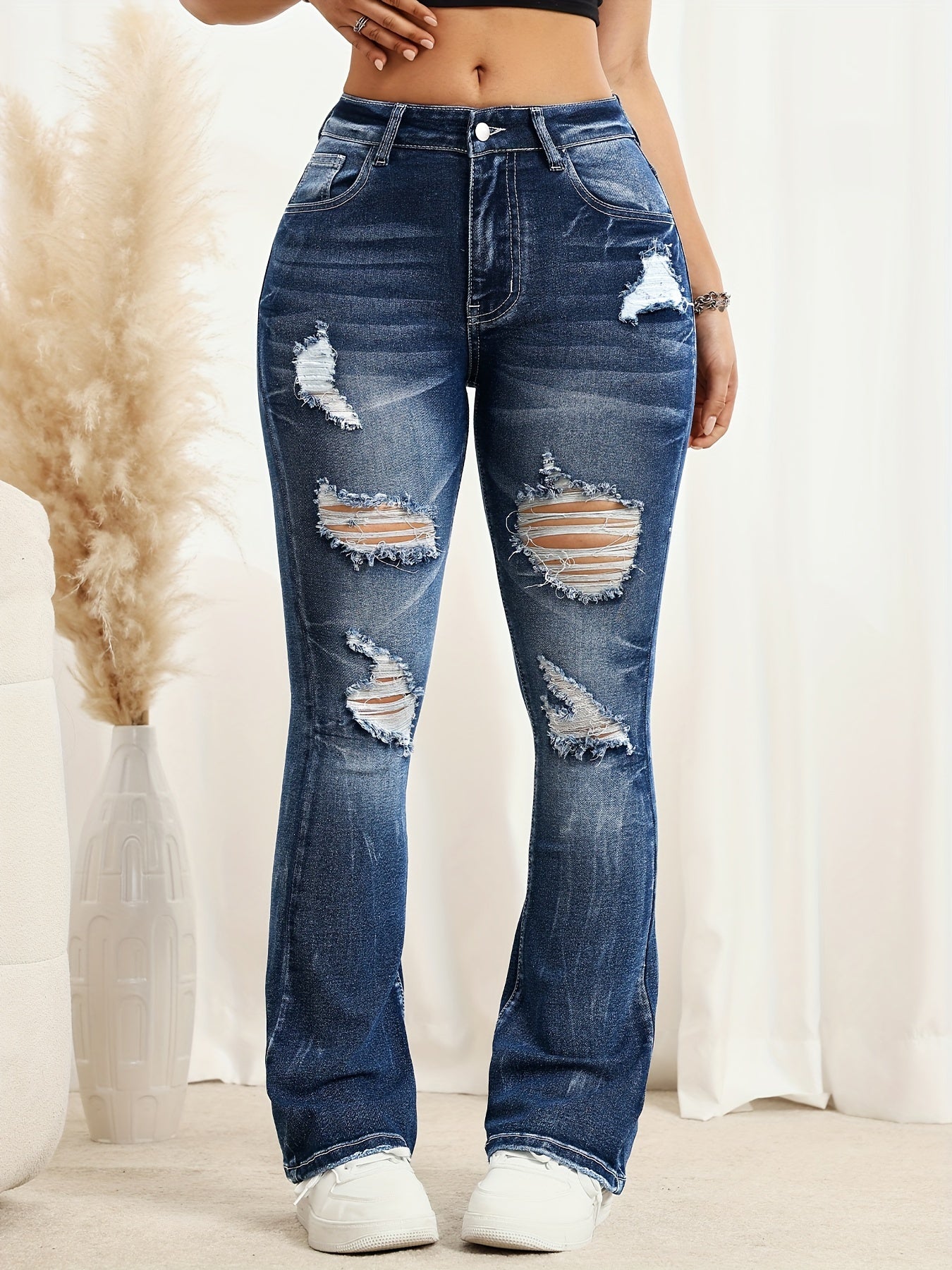 Stylish Ripped Whisker Embroidered Bootcut Flare Leg Jean - LuxyXO