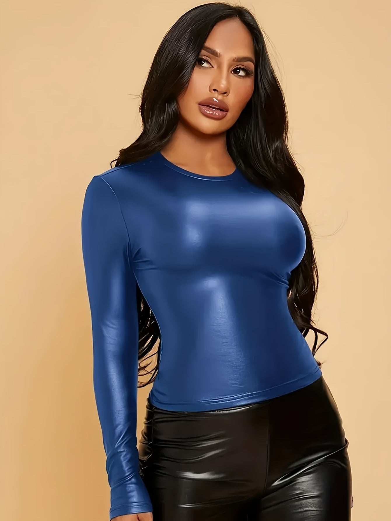 Skinny Fit Faux Leather Long Sleeve Crew Neck Top