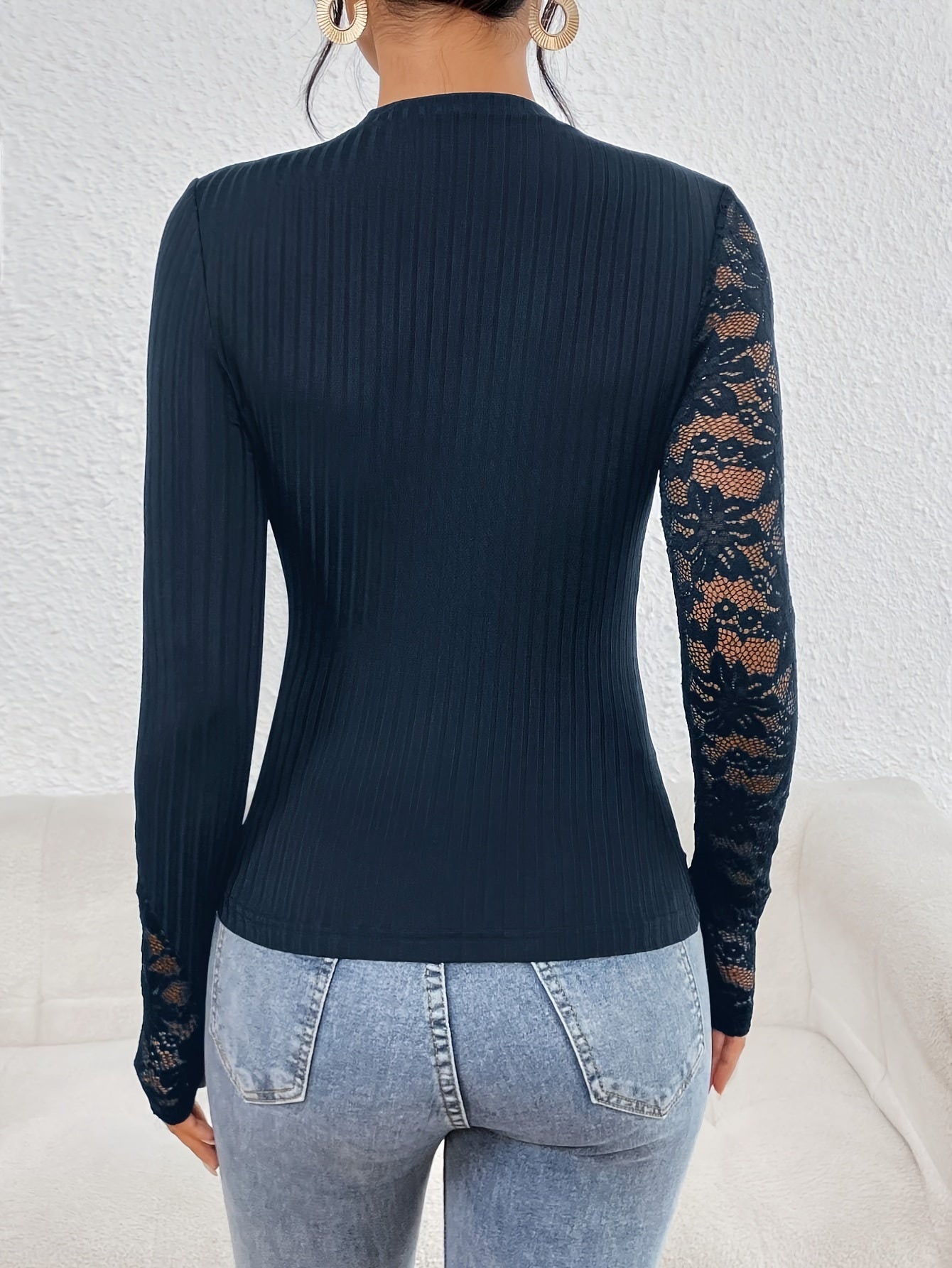 Elegant Lace-Trimmed Knit Top for Women - Slim Fit, Long Sleeve, Round Neck, Semi-Sheer