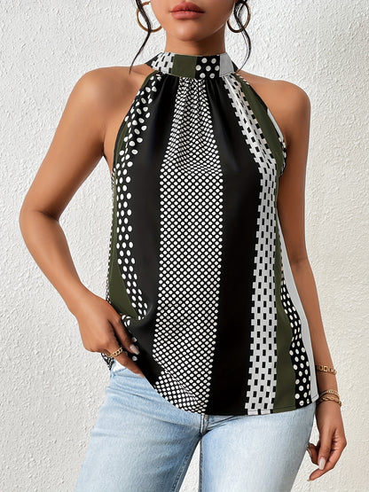 All Over Print Halter Neck Blouse, Casual Sleeveless Blouse For Spring & Summer, Women's Clothing