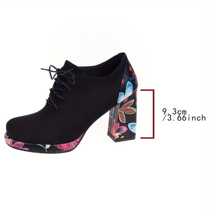 Impresionantes botines de tacón alto con estampado floral: con cordones, tacón de bloque, plataforma versátil con diseño elegante, ajuste cómodo y suela duradera para diversas ocasiones