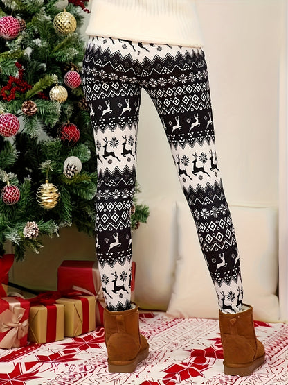 Leggings con estampado navideño estilo Y2K para mujer: tejido de punto de poliéster, pantalones cortos con cintura elástica y corte entallado en color zanahoria con elasticidad media, pantalones ajustados para todas las estaciones