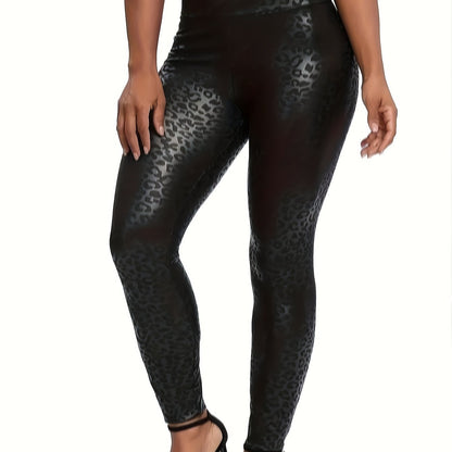 Women's High-Waist Leopard Print Fleece-Lined Leggings - Stretchy, Slimming Faux Leather