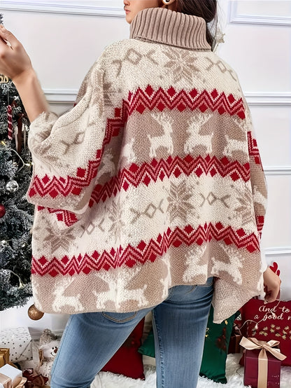 Suéter elegante de cuello alto con estampado navideño y manga larga para otoño e invierno, ropa de mujer