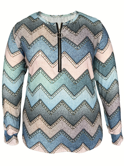 Sudadera elegante con estampado de chevron en tallas grandes para mujer, jersey informal de manga larga con media cremallera para uso diario, tejido suave y acogedor, ajuste relajado, perfecto para las temporadas de otoño e invierno