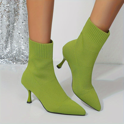 Stiletto Ankle Boots, Fashion Solid Color Knitted Slip On High Heeled Boots