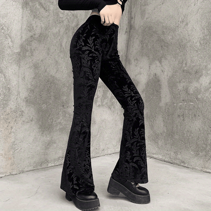 Gothic Floral Print High Waist Pants, Elegant Flare Leg Pants, Women's Clothing