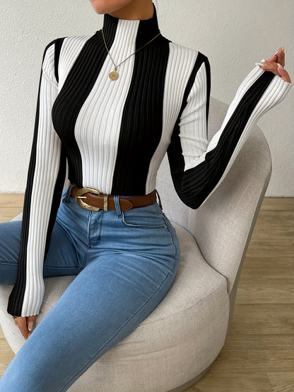 Rib Knit Color Block Mock Neck Sweater, Elegant Long Sleeve Sweater For Fall & Winter