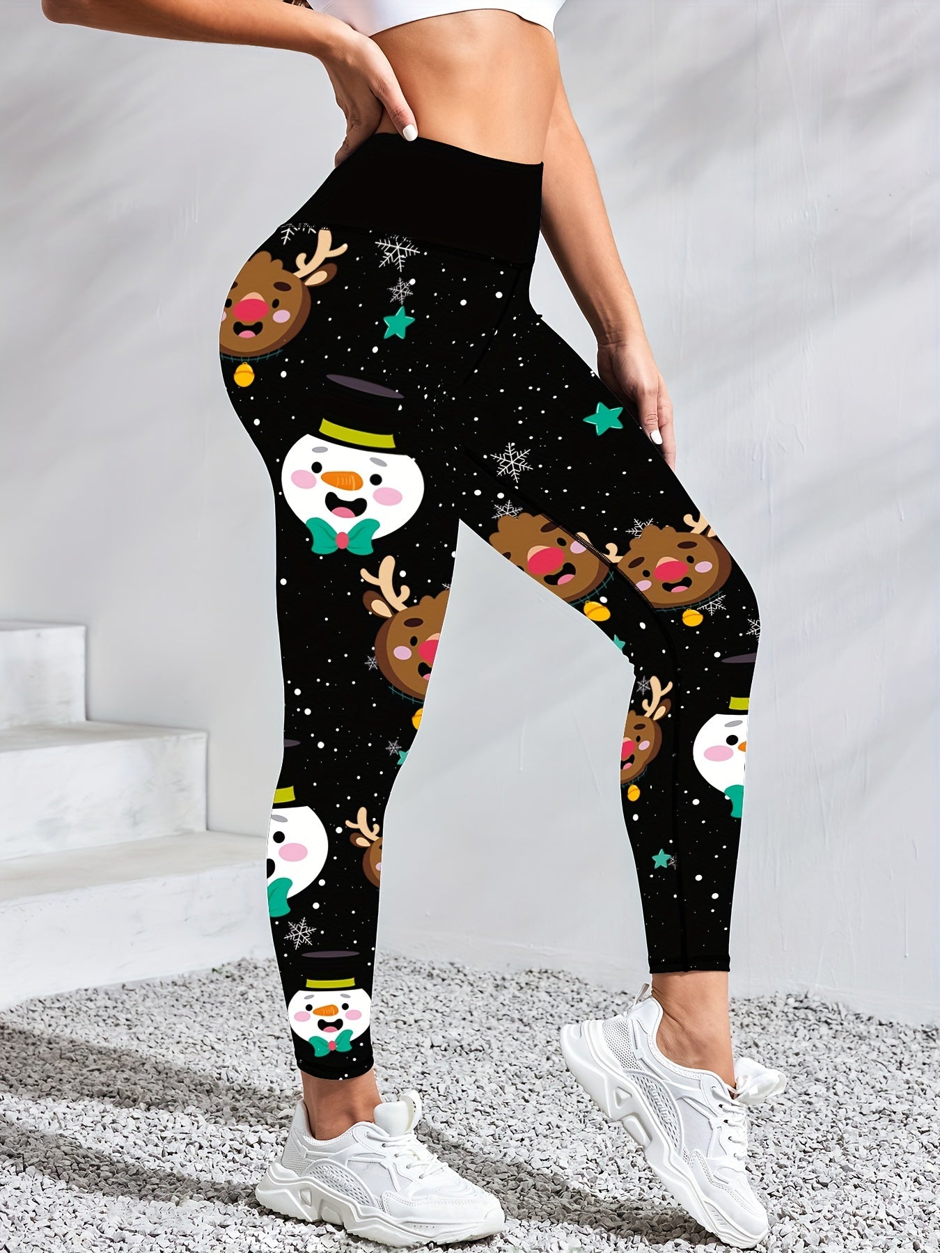 Women'S High-Waisted Yoga Leggings, Christmas Cartoon Snowman & Reindeer Print, Quick-Dry Breathable Fabric, Stretchy Polyester, Color Block Detail, Regular Fit, All-Season Fitness Wear