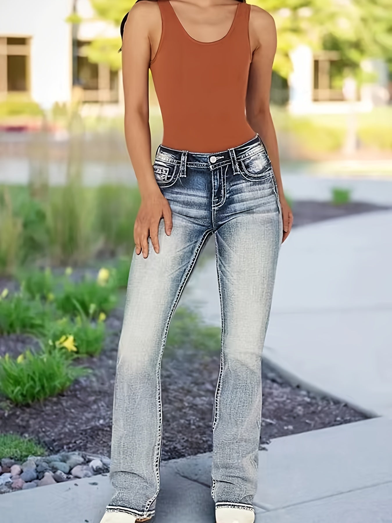 Stylish High-Waisted Embroidered Jeans - Four-Season Stretchy Comfort, Machine Washable, Soft Cotton-Polyester Blend Fabric, Classic Casual Fit, Versatile for Daily Wear - Easy Care, Long-Lasting Durability - LuxyXO