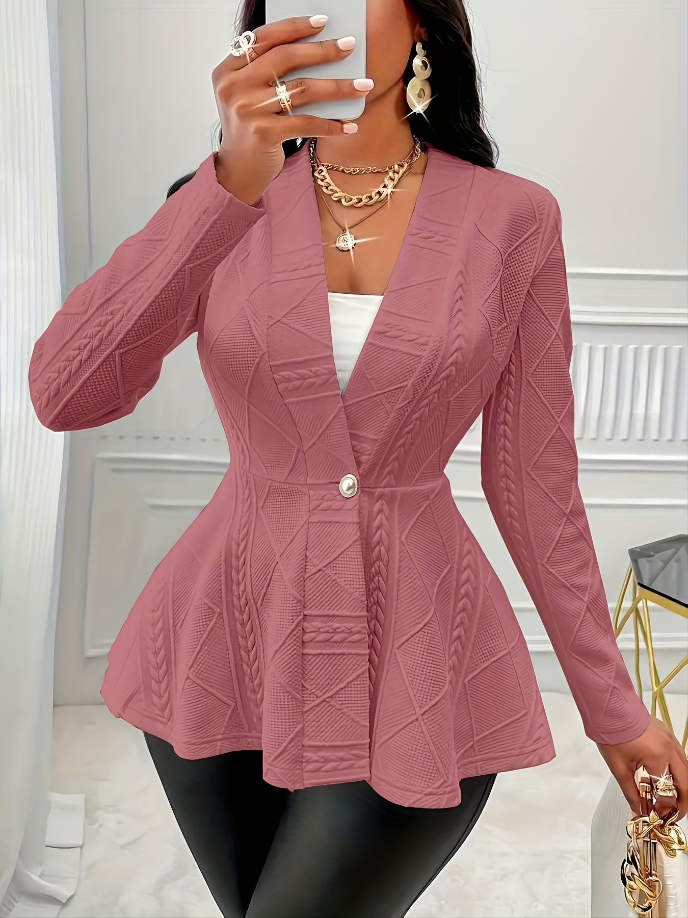 Plus Size Stylish Solid Textured Button Front Coat - Chic Casual Long Sleeve Outwear for Spring and Fall Seasons - Women's Fashionable Plus Size Clothing for Everyday Wear