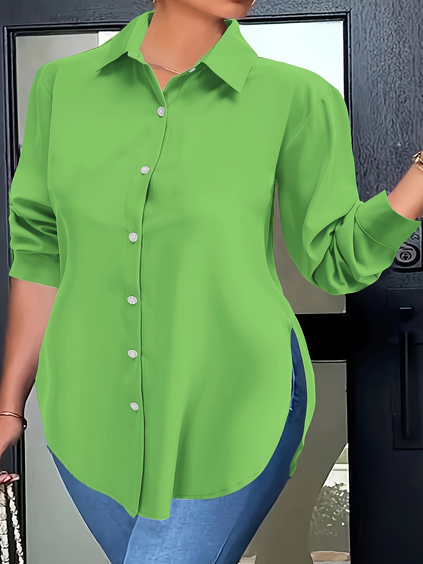 Elegant Women'S Plus Size Shirt - Polyester Long Sleeve Lapel Collared Button-Down Flared Hem Top with Slight Stretch