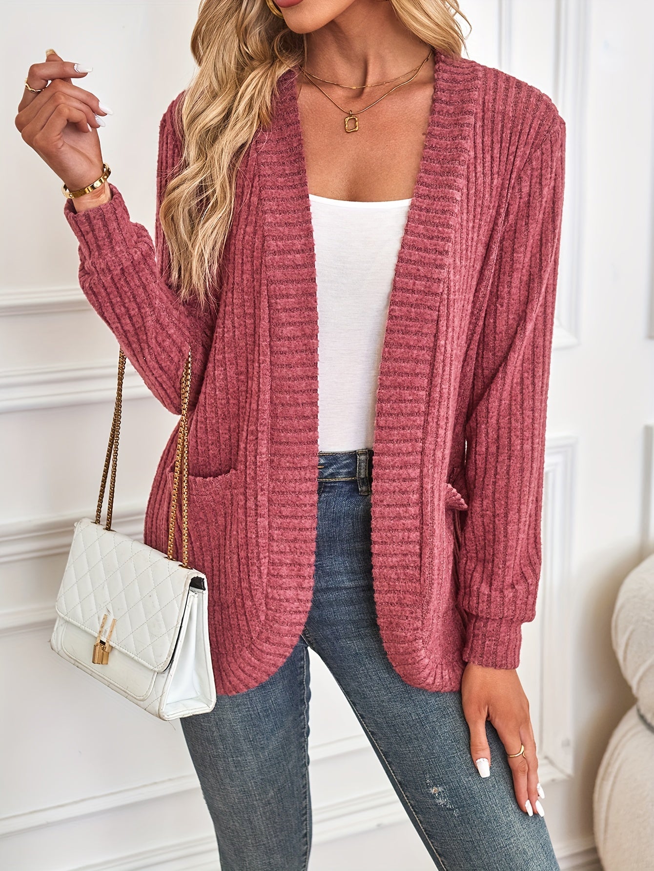 Womens Soft Knit Open Front Cardigan with Pockets