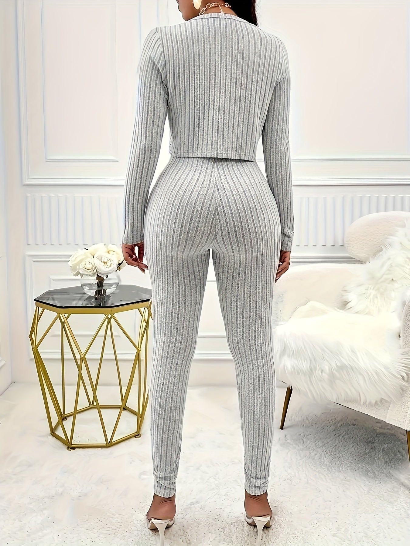 Crop Cardigan & Skinny Strapless Jumpsuit - Two-Piece Ribbed Outfit Set