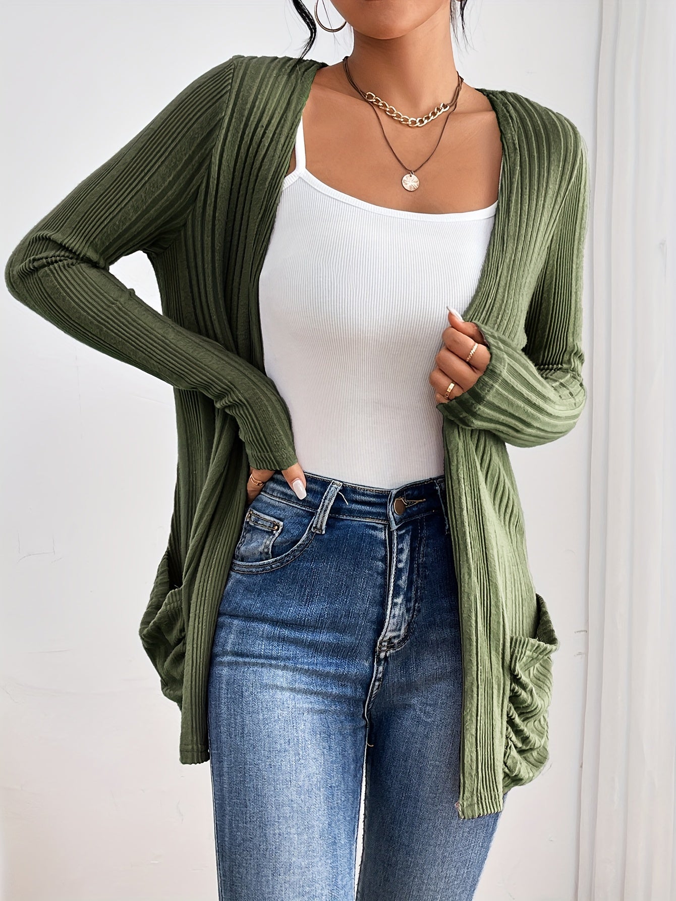 Womens Soft Rib Knit Cardigan - Solid Open Front, Slim Fit with Pockets - Long Sleeve Casual Wear for Everyday Fashion