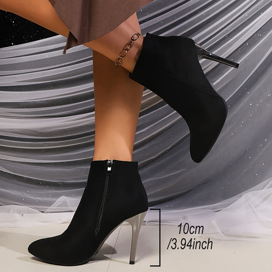 Women's High Heel Ankle Boots With Pointed Toe, Gunmetal color Thin Heel, Zipper, Versatile Boots