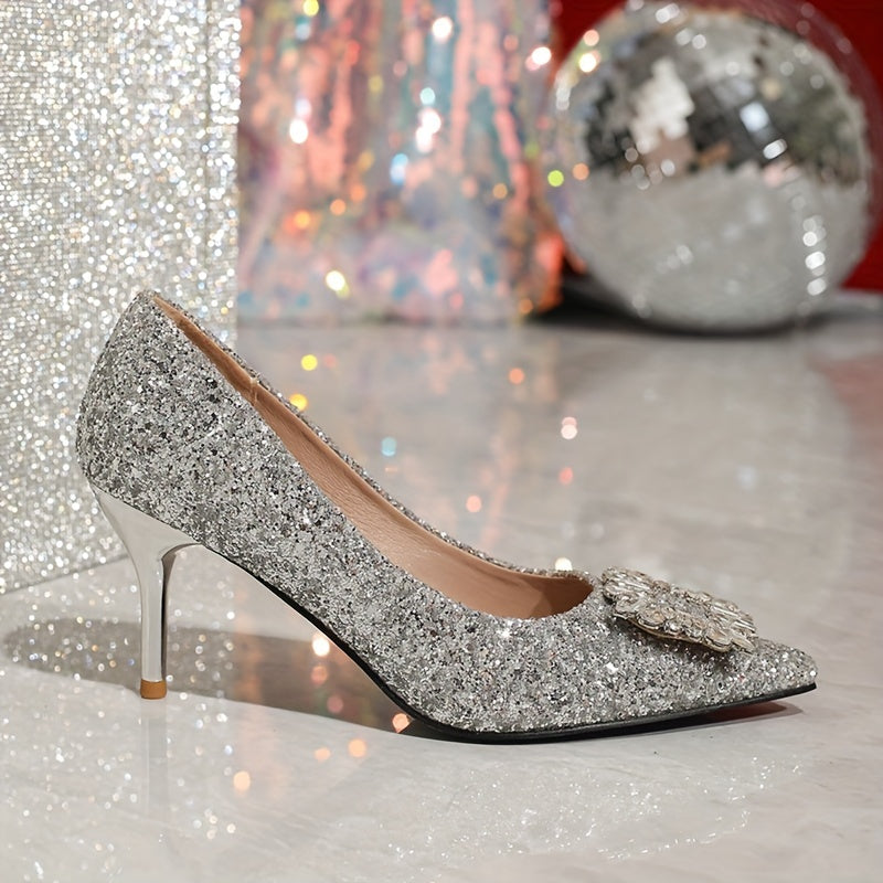 Glamorosos tacones altos con lentejuelas y diamantes de imitación para mujer: sexys zapatos de tacón de aguja con punta puntiaguda de estilo francés y cubierta sintética