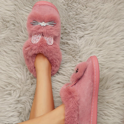 Cute Rhinestone Plush Cat Slippers, Cozy & Warm Fluffy Soft Sole Slip On Shoes, Winter Fuzzy Home Slippers