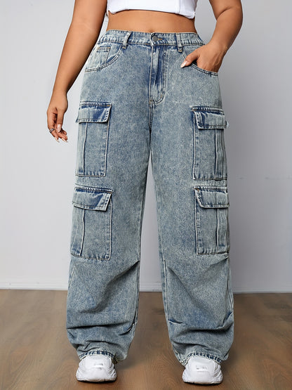 Plus size cargo jeans with multi-pocket design, side flap pockets, and zipper fly. Loose fit, long length denim pants for casual streetwear style.