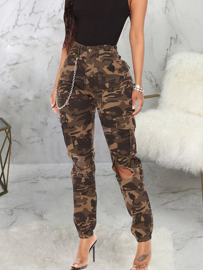 Camo Cargo Pants For Women High Waisted Camoflage Slim Fit Ripped Trousers Sweatpants With Pockets