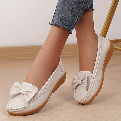 Women's Slip-On Flat Loafers with Non-Slip Sole, Faux Cover Upper and Lining, Bow Detail