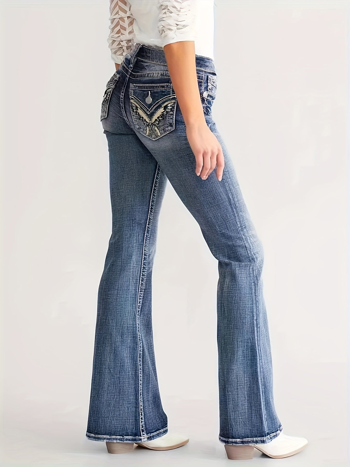 Women's High-Waisted Stretchy Jeans With Embroidered Floral Patter - LuxyXO