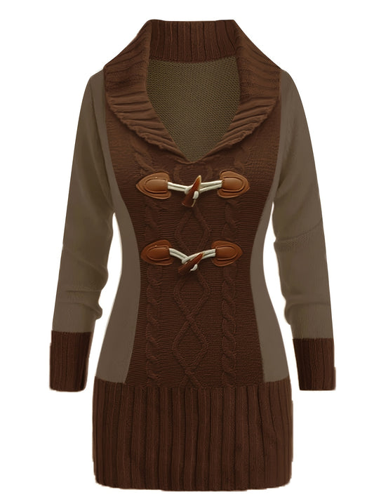 Plus Size Chic Cable Knit Sweater Dress - Fashionable Colorblock, Horn Button Detail