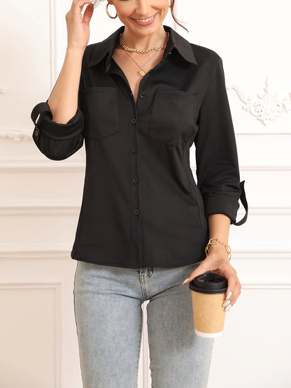 Camisa elegante con botones en el frente, de color sólido vibrante, manga larga, detalle de bolsillo, corte relajado, tela transpirable, perfecta para primavera y otoño, ropa informal para mujer