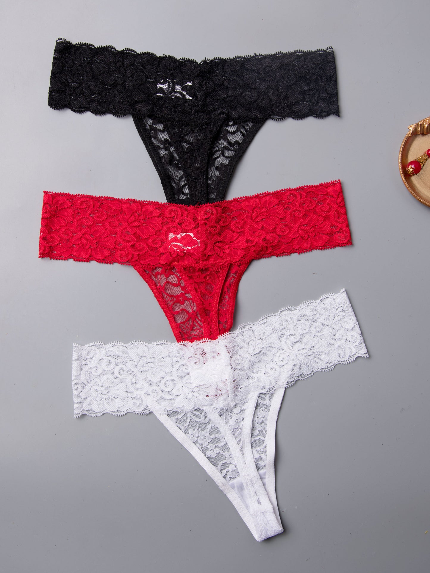 Sexy Low Waist Floral Lace Thongs - 3 Pcs Set - LuxyXO