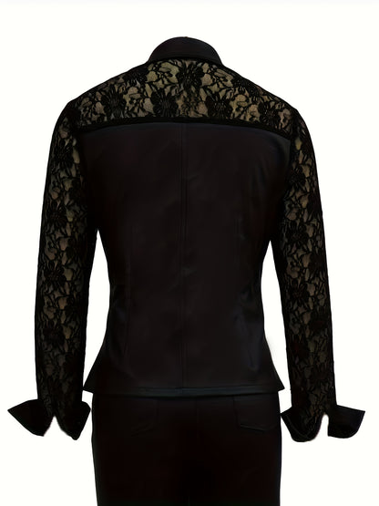 Chic Faux Leather Polo Shirt with Lace Detail - Versatile Long Sleeve Top for Spring & Fall, Womens Fashion