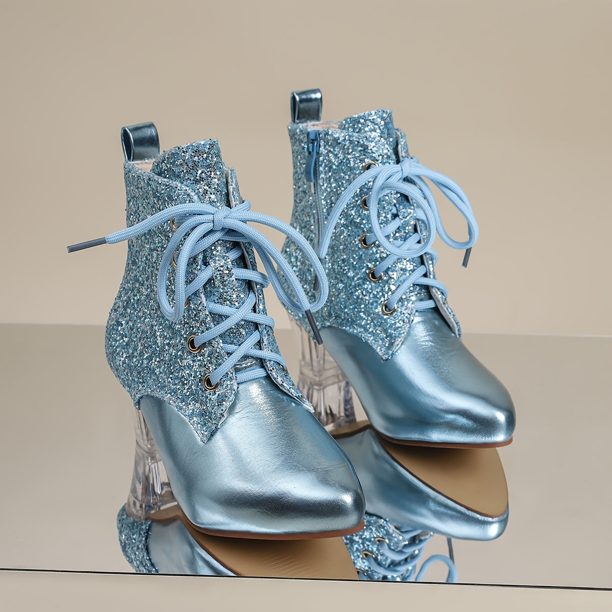 Botines con parches de lentejuelas para mujer, punta puntiaguda moderna, cierre de cremallera, tacón de bloque medio, forro de tela