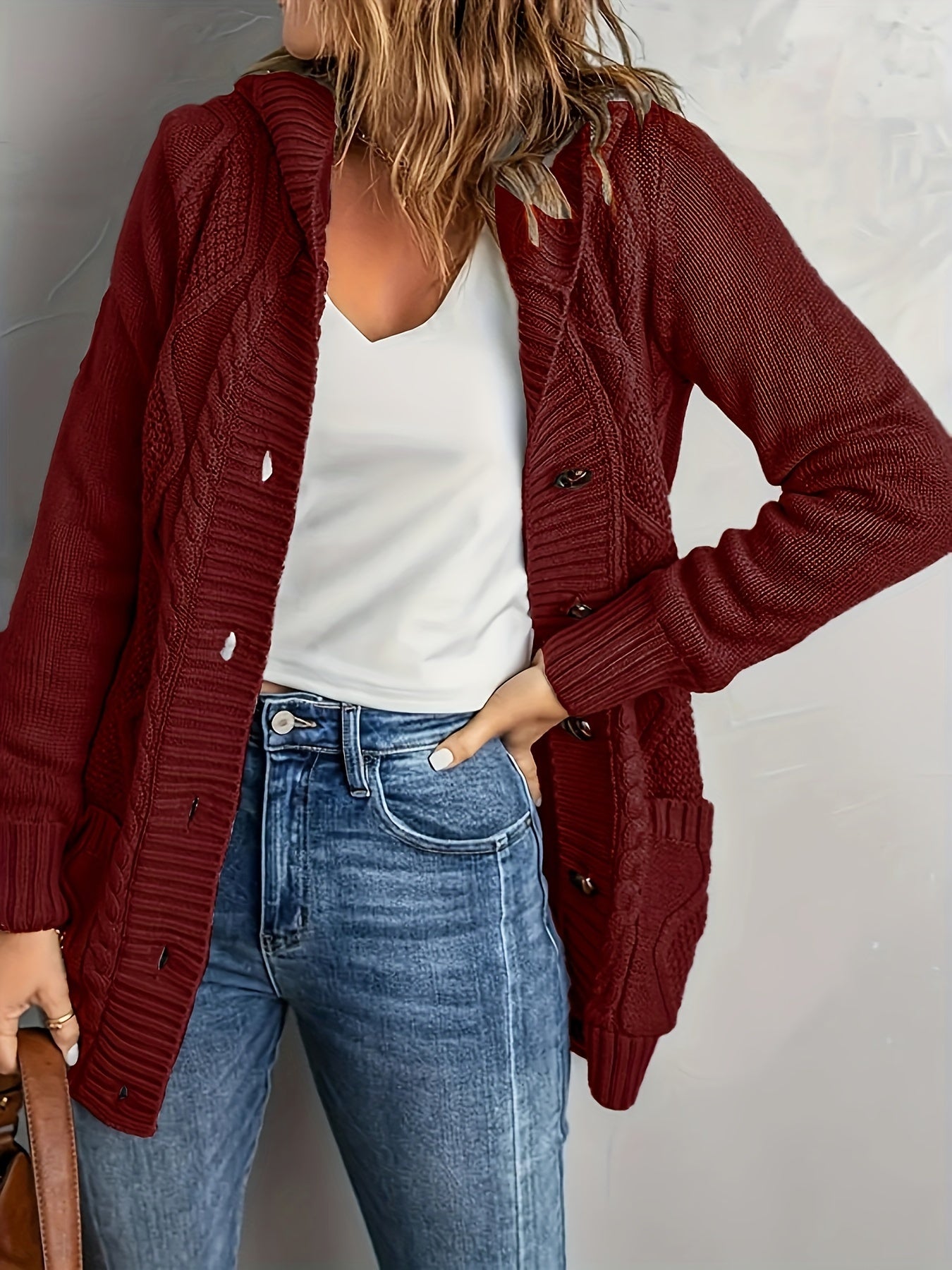 Plus Size Womens Cozy Hooded Cardigan - Soft High Stretch Long Sleeve Button Up with Pockets for Fall/Winter - Polyester Knit Fabric, Solid Color, Casual Oversized Style