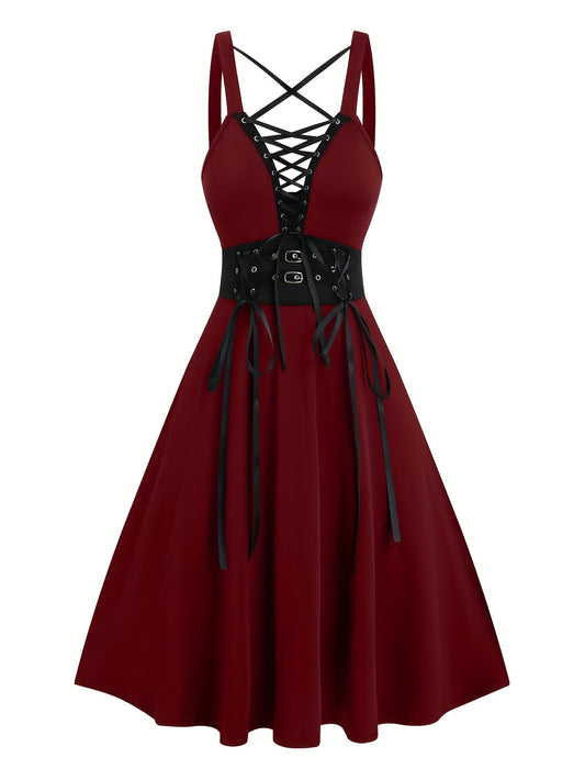 Elegant Gothic-Inspired Plus Size Dress with Lace-Up Detail, Deep V-Neck & High Waist A-Line Design - Perfect for Spring/Summer