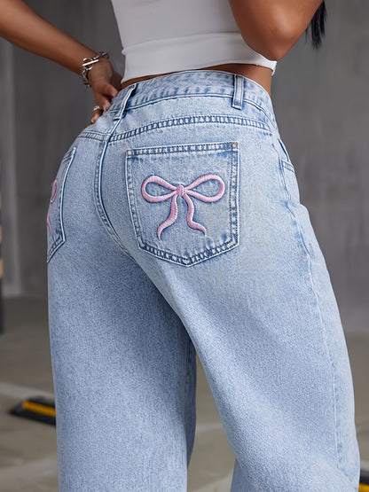 Embroidered Bow Washed Denim Jeans For Women - Mid-waisted Straight-leg Trousers, High-end Feel Niche Street