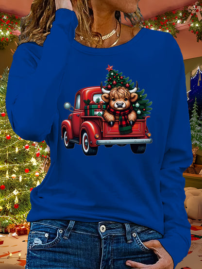 Casual Christmas Bear Applique Crew Neck Sweatshirt - 100% Polyester Knit Fabric with Medium Stretch, Long Sleeve Pullover for Fall