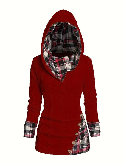 Plaid Splicing Button Decor Cable Hooded Sweater - Stylish Long Sleeve Casual Wear for Women with Decorative Button Details and Unique Splicing Design - Perfect for Everyday Fashion