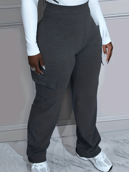 Plus Size Solid Pocket Pants - High Waist, Casual Comfort Flattering