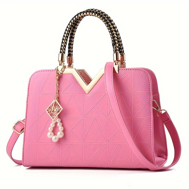 Fashion Top-Handle Handbag for Women, Solid Color Faux Leather Shoulder Bag, with Zipper Closure