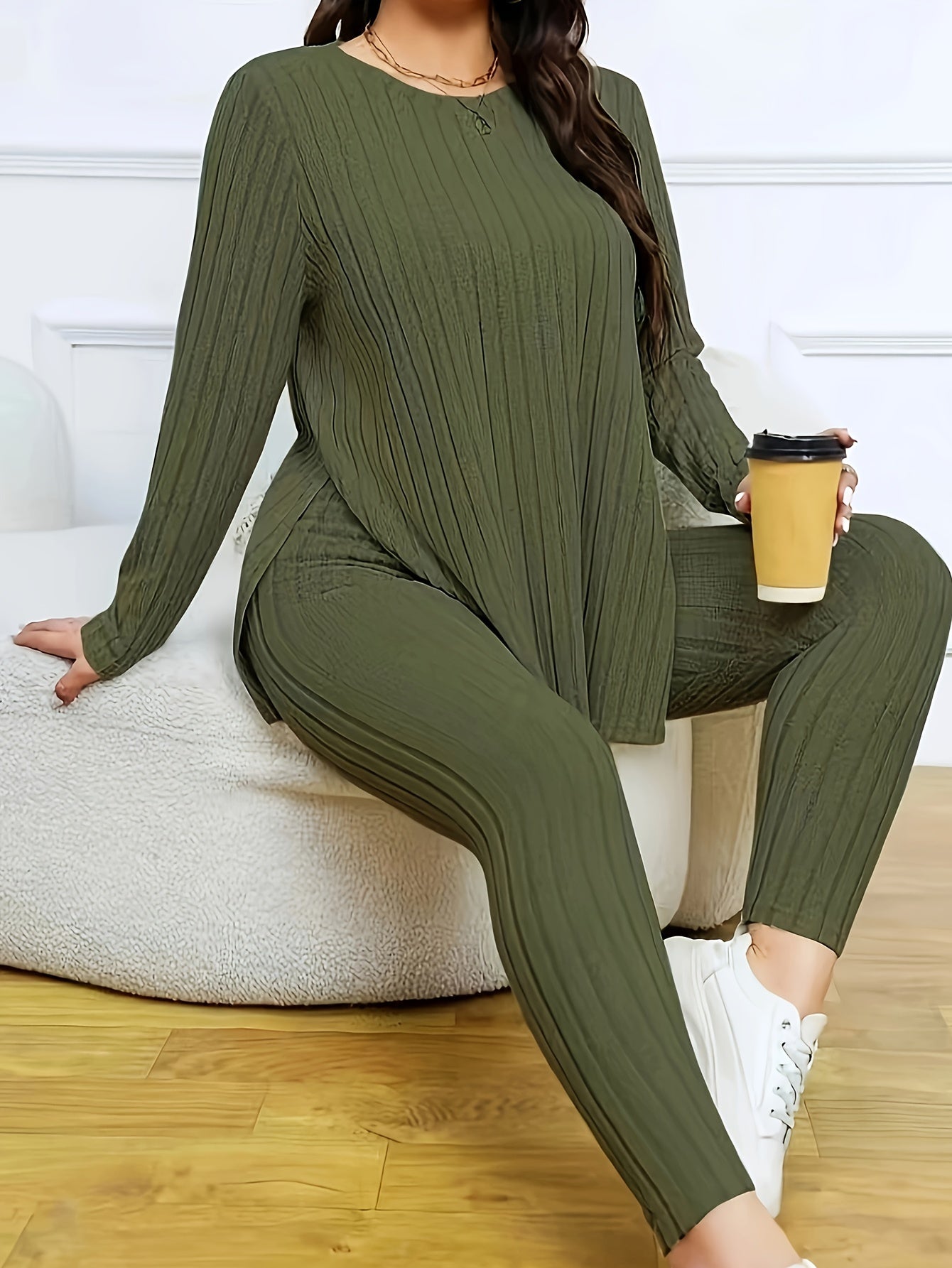 Plus Size Two-Piece Set - Soft Slight Stretch Crew Neck Long Sleeve Split Top and Cozy Pants Outfit - Machine Washable, Customized Casual Wear for Women