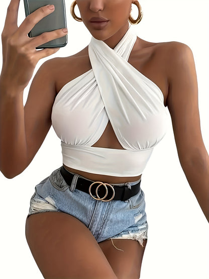 Stretchy Cut Out Cross Halter Top, Sexy Backless Crop Top