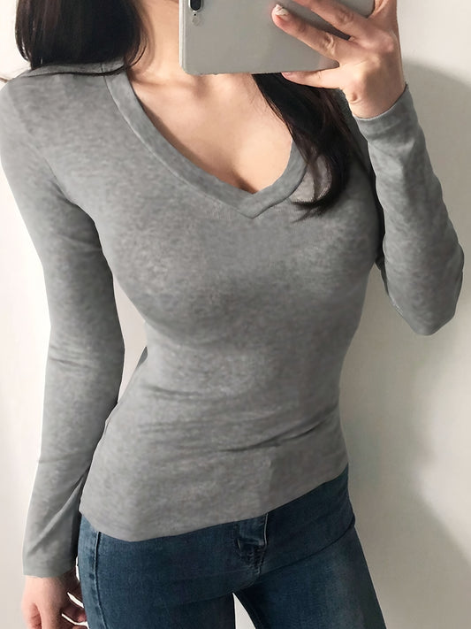 Plus Size Cozy Chic Lounge Top - Soft Solid Long Sleeve V Neck Slim Fit Home Wear T-shirt for Fall and Winter - Comfortable Casual Wear for Relaxation