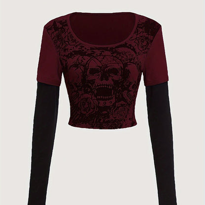 Camiseta de manga larga con estampado de bloques de color para mujer: cuello redondo, muy elástica, lavable a máquina, perfecta para otoño/invierno